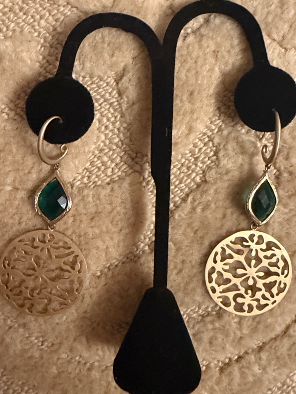 Gold Filigree Drop Earrings with Green Gem Accents NWOT